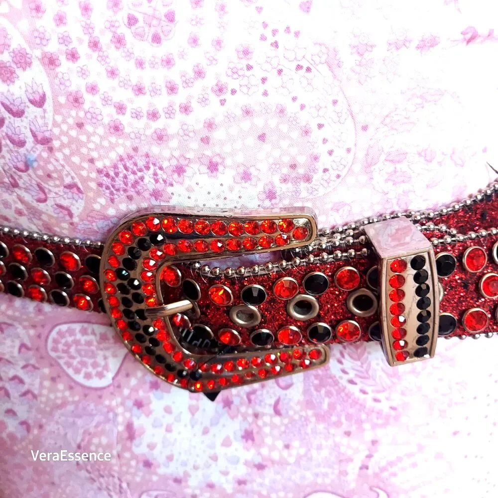 DNA PREMIUM WEAR WESTERN BELT RED BLACK RHINESTONE SILVER & GLITTER ACCENTS 43